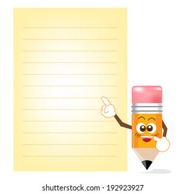 Pencil Cartoon showing Note Pape on white bachground