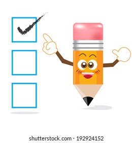Pencil Cartoon showing Right checkmark on white background
