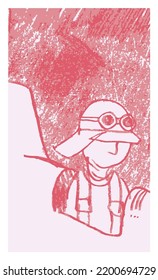 Pencil cartoon sketch of pilot in retro plane, crop view