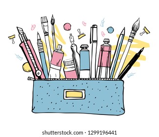 Pencil case with art materials. Brushes, tubes, pens and pencils. Hand drawn sketch vector colorful  illustration isolated on white background