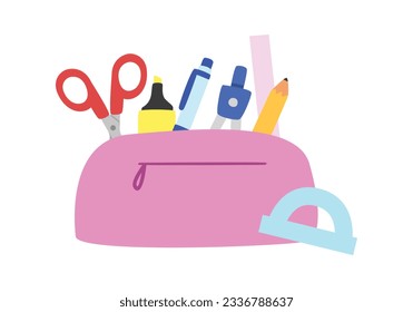 Pencil case clipart. Simple pencil case with different school supplies flat vector illustration clipart cartoon style, hand drawn doodle. Students, classroom, school supplies, back to school concept