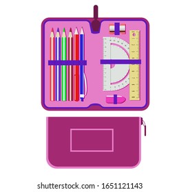 Pencil case closed and open with pencils, pens, eraser, ruler, protractor, sharpener. Vector isolated color image on a white background. School supplies