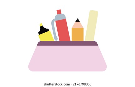 Icono de lápiz de color para web. Caja de lápiz simple con lápiz resaltador, bolígrafo, lápiz y diseño vectorial de signo de regla. Icono web de caja de lápiz minimalista aislado en el logotipo de fondo blanco