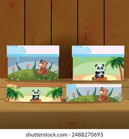 Pencil case design for children. The pencil case depicts a panda on the sand near a palm tree. Another pencil case depicts a bear sitting on the grass and looking at the clouds