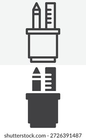 Caixa do lápis ícone de estilo diferente definido com versões de linha, contorno e ícone sólido. Símbolo e sinal de vetor de traço editável para material escolar. ícone Ocorrência.