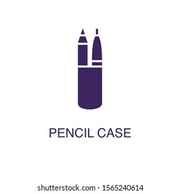 Pencil case element in flat simple style on white background. Pencil case icon, with text name concept template