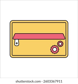 Pencil Case Flat design style, yellow pouch with a zipper, representing storage for stationery items, suitable for school and office illustrations.