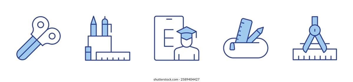 pencil case, graduation, compass, scissors. School Icon vector illustration. Line Duotone style. Editable stroke.