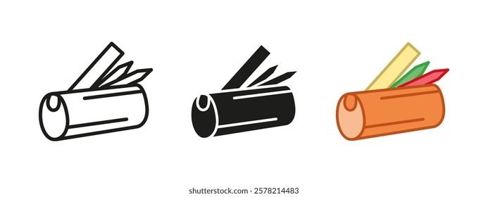 Pencil case icon. School stationery vector illustration. Pencil box symbol. Office supplies container sign. Pen, pencil and ruler equipment pictogram. Stationery case isolated outline concept.