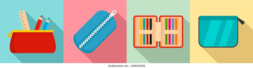 Pencil case icon set. Flat set of pencil case vector icons for web design