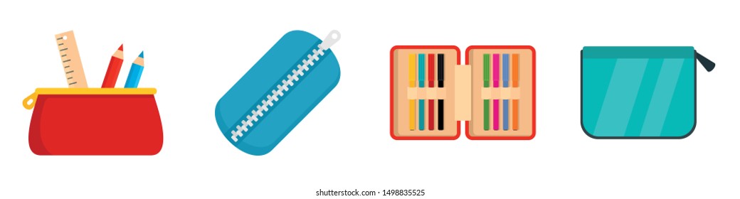 Pencil case icon set. Flat set of pencil case vector icons for web design