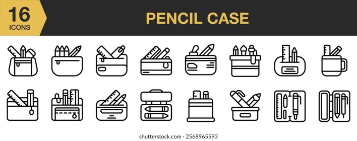 Pencil Case icon set. Includes Box, Case, Office, Package, Pencil, School, Stationery, and More. Outline icons vector collection.