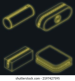Pencil case icons set. Isometric set of pencil case vector icons neon color on black