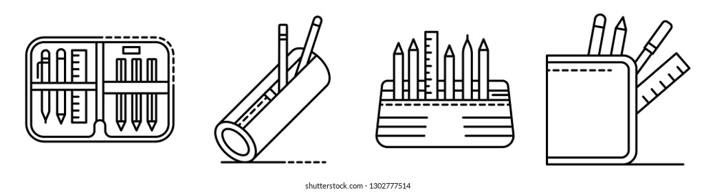 Pencil case icons set. Outline set of pencil case vector icons for web design isolated on white background