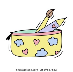 Pencil case illustration. Back to school educational clipart. Cute flat stylestationery box.