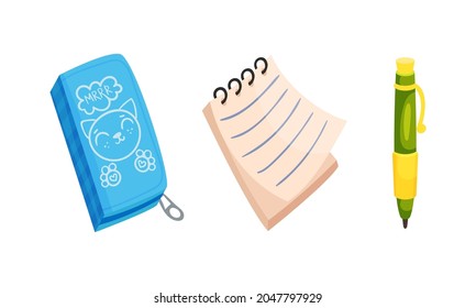 Pencil Case and Lined Notepad as Back to School Symbol and Stationery Object Vector Set