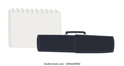 Caso de lápiz con encuadernador de cuaderno o cuaderno de esbozo con páginas vacías en blanco. Suministros de escuela u oficina aislados para trabajadores o alumnos. Accesorios para estudiar o trabajar en el trabajo. Vector de estilo plano
