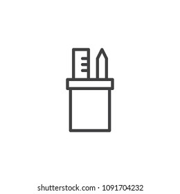 Pencil case outline icon. linear style sign for mobile concept and web design. Pen and ruler in mug simple line vector icon. Symbol, logo illustration. Pixel perfect vector graphics
