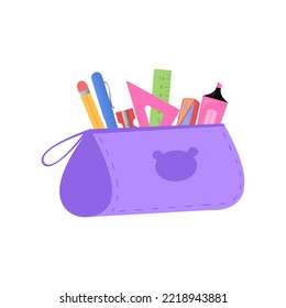 Pencil case with pencil, pen, sharpener, ruler, eraser, marker. September first. School time.