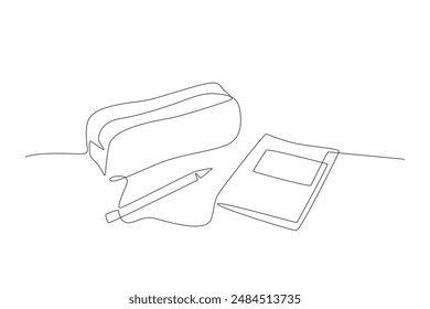 Pencil case, pencils and books. School supplies concept one-line drawing