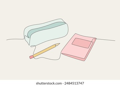 Pencil case, pencils and books. School supplies concept one-line drawing