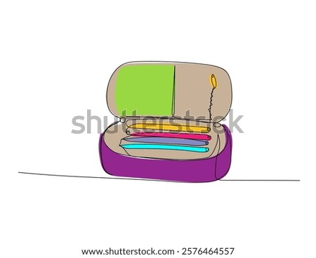 Pencil case for pens and pencils one line color art. Continuous line drawing of online learning, school supplies, stationery storage, exam, office supplies, education.