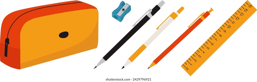 pencil case with pens, ruler, sharpener in flat style, on a white background vector