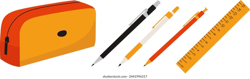 pencil case, ruler pens in flat style, on a white background vector