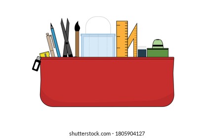 The pencil case with a lot of school equipment and medical mask. Back to school