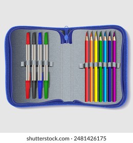 Pencil case for school pens and colored pencils. Vector illustration. Sketch for creativity.