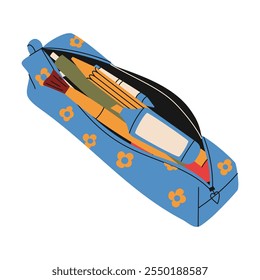 Caixa de lápis com material escolar. Escova, marcador, caneta, lápis. Ilustração de vetor de desenho manual.