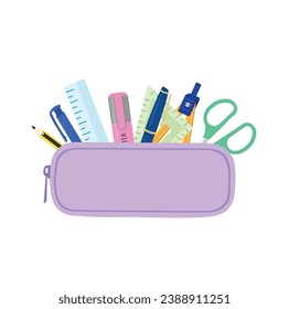 Pencil case with school supplies flat illustration vector in pastel color. Element for back to school concept. Pencil case illustration isolated on white background.