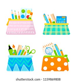 Pencil case with school supplies vector. Back to school.