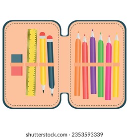 Estuche de lápiz con material escolar. Ilustración plana del vector