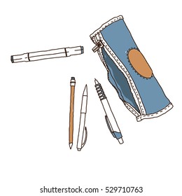 Pencil case with school supplies. Vector hand-drawn sketch.