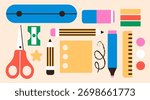 Pencil case, scissors, sharpener, pencil, blank paper, sticky note, marker, eraser. Geometric style. School, class, education, office concept. Hand drawn Vector illustration. Isolated design elements
