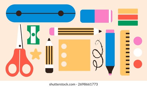 Pencil case, scissors, sharpener, pencil, blank paper, sticky note, marker, eraser. Geometric style. School, class, education, office concept. Hand drawn Vector illustration. Isolated design elements