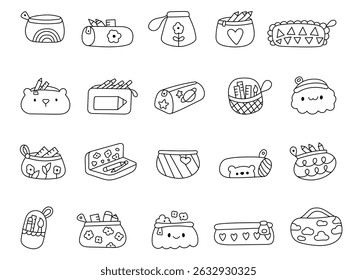 Pencil case set with outline line art design including zipped fabric pouches school containers holders boxes tools supplies drawing writing learning stationery projects