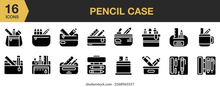 Pencil Case solid icon set. Includes Box, Case, Office, Package, Pencil, School, Stationery, and More. Solid icons vector collection.