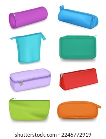 Pencil case. Stationery containers in realistic style decent vector colored templates