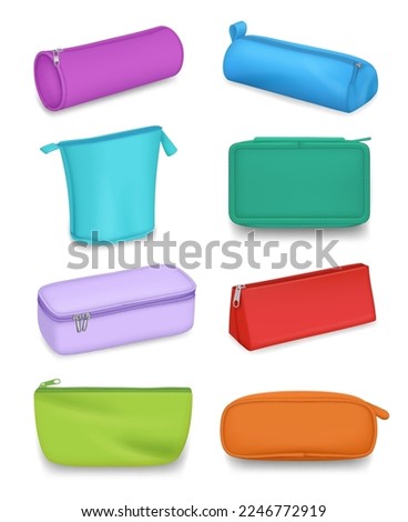 Pencil case. Stationery containers in realistic style decent vector colored templates