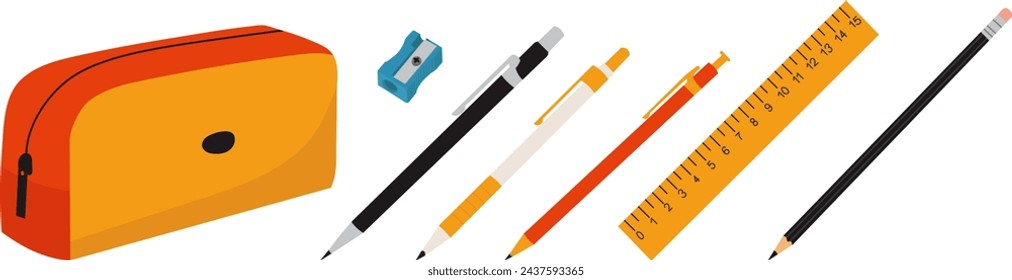 pencil case and stationery in flat style, vector