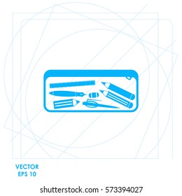 Pencil case with stationery  icon. Vector design.