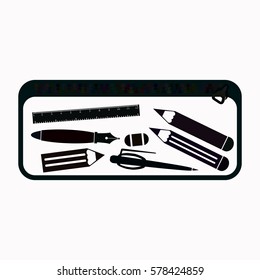 Pencil case with stationery  icon. Vector design.