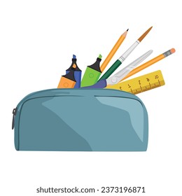 Pencil case with stationery on white background