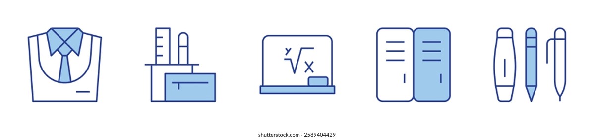 pencil case, stationery, uniform, board, locker. School Icon vector illustration. Line Duotone style. Editable stroke.