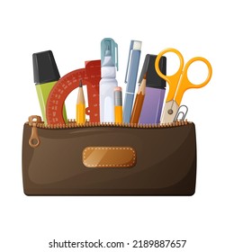 Pencil case with stationery. For use by schoolchildren and students. Protractor, marker, scissors, pen, corrector and paper clip. Vector illustration