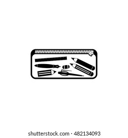 Pencil case with stationery vector icon isolated on white background.