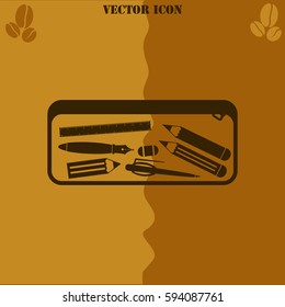 Pencil case with stationery vector  icon Coffee symbol background.