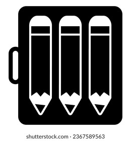 Pencil case with three pencils solid icon, stationery concept, writing implements vector sign on white background, glyph style icon for mobile concept and web design. Vector graphics